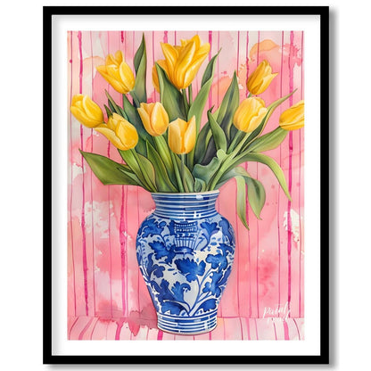 This charming watercolor painting features a bouquet of vibrant yellow tulips nestled in a classic … for home