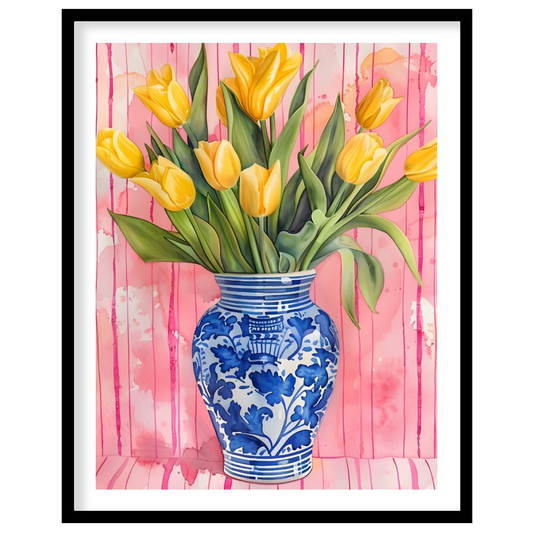 This charming watercolor painting features a bouquet of vibrant yellow tulips nestled in a classic … for home