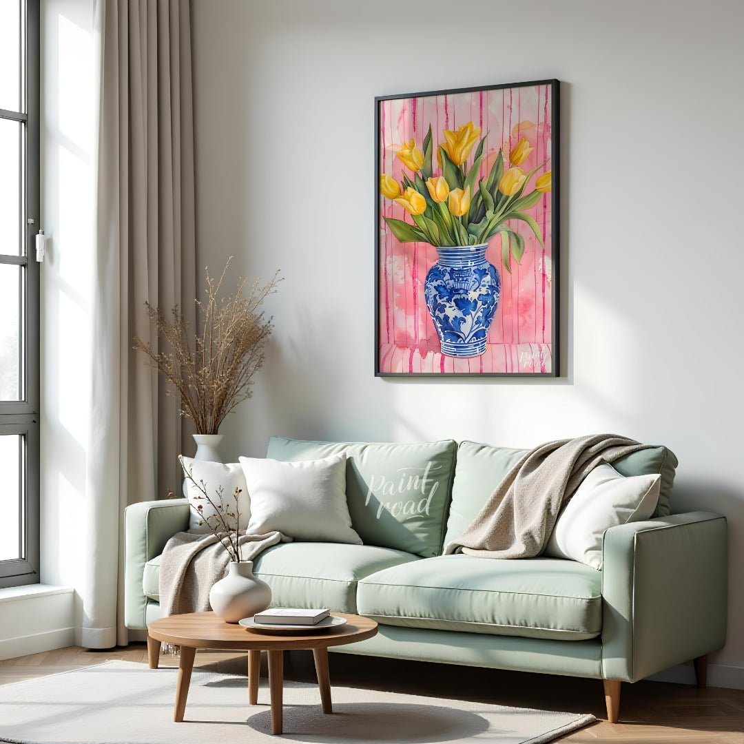 This charming watercolor painting features a bouquet of vibrant yellow tulips nestled in a classic … for living room