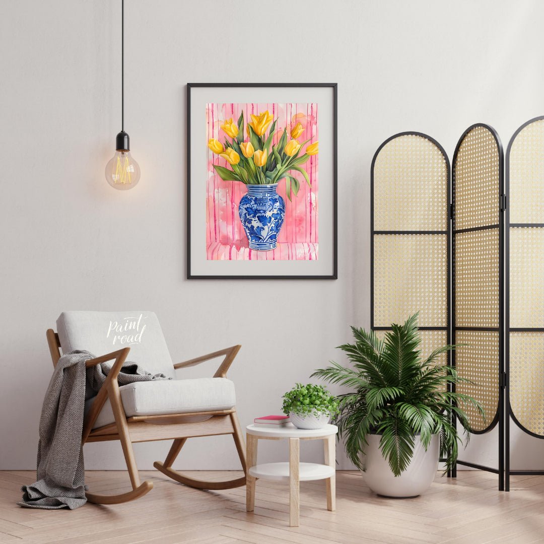 This charming watercolor painting features a bouquet of vibrant yellow tulips nestled in a classic … for living room