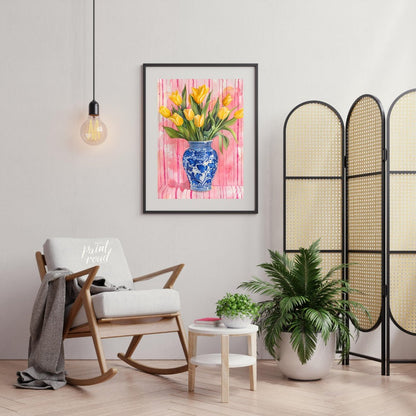 This charming watercolor painting features a bouquet of vibrant yellow tulips nestled in a classic … for living room