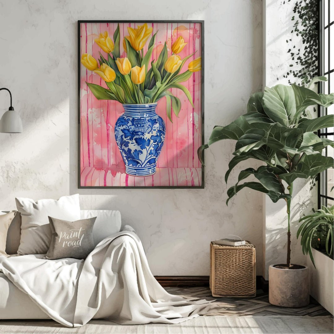 This charming watercolor painting features a bouquet of vibrant yellow tulips nestled in a classic … for living room
