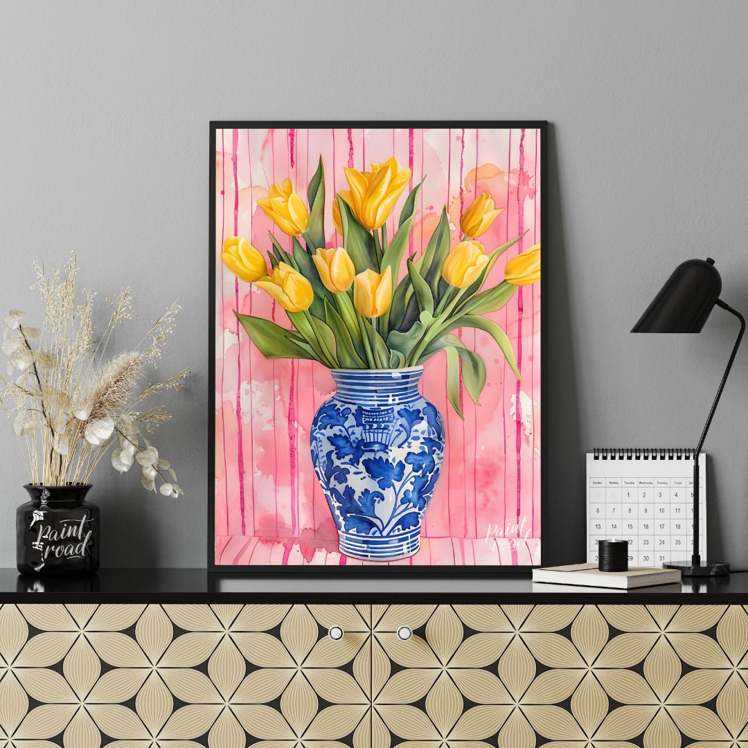 This charming watercolor painting features a bouquet of vibrant yellow tulips nestled in a classic … for office