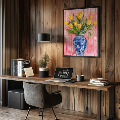 This charming watercolor painting features a bouquet of vibrant yellow tulips nestled in a classic … for office
