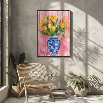 This charming watercolor painting features a bouquet of vibrant yellow tulips nestled in a classic … for other