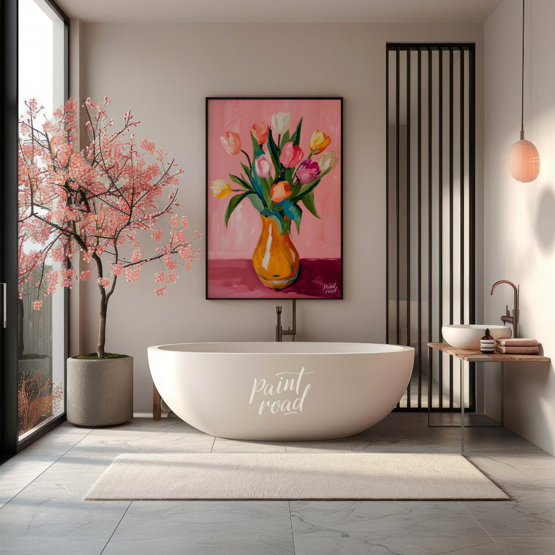 This charming artwork features a bouquet of tulips in a vibrant orange vase, set against a soft pin… for bathroom