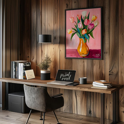 This charming artwork features a bouquet of tulips in a vibrant orange vase, set against a soft pin… for office