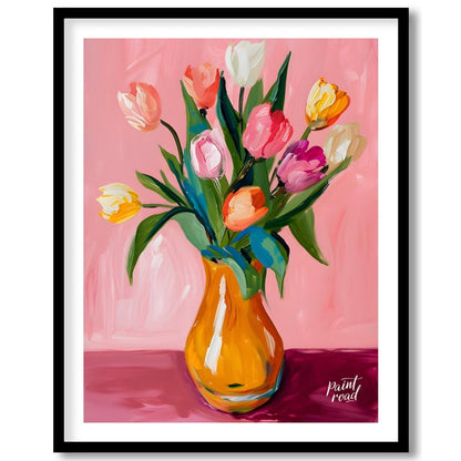 This charming artwork features a bouquet of tulips in a vibrant orange vase, set against a soft pin… for sweet home