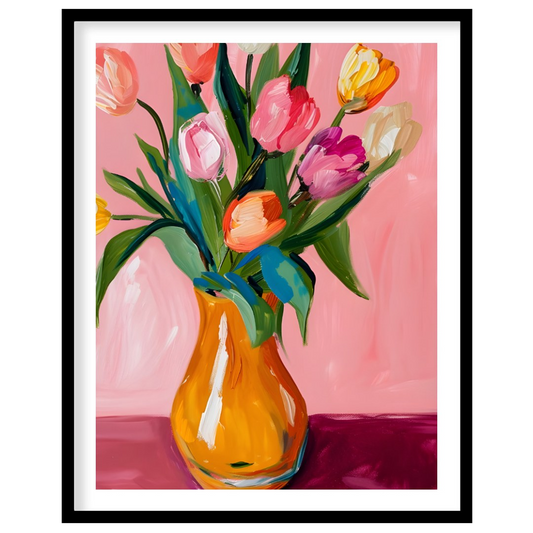 This charming artwork features a bouquet of tulips in a vibrant orange vase, set against a soft pin… for sweet home