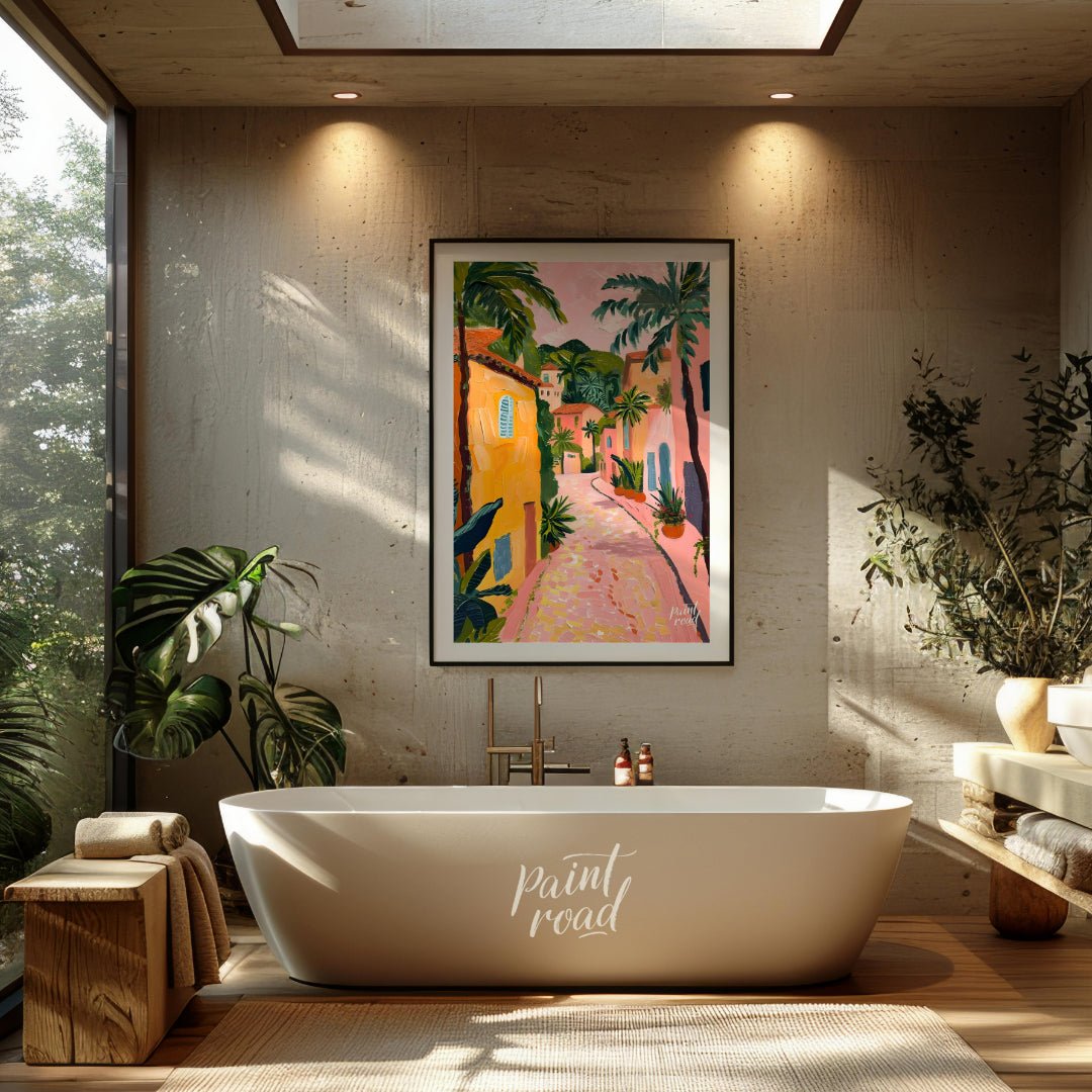This charming artwork depicts a sun-drenched alleyway, reminiscent of a Tuscan village, but with a … for bathroom