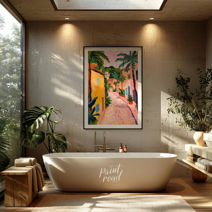 This charming artwork depicts a sun-drenched alleyway, reminiscent of a Tuscan village, but with a … for bathroom