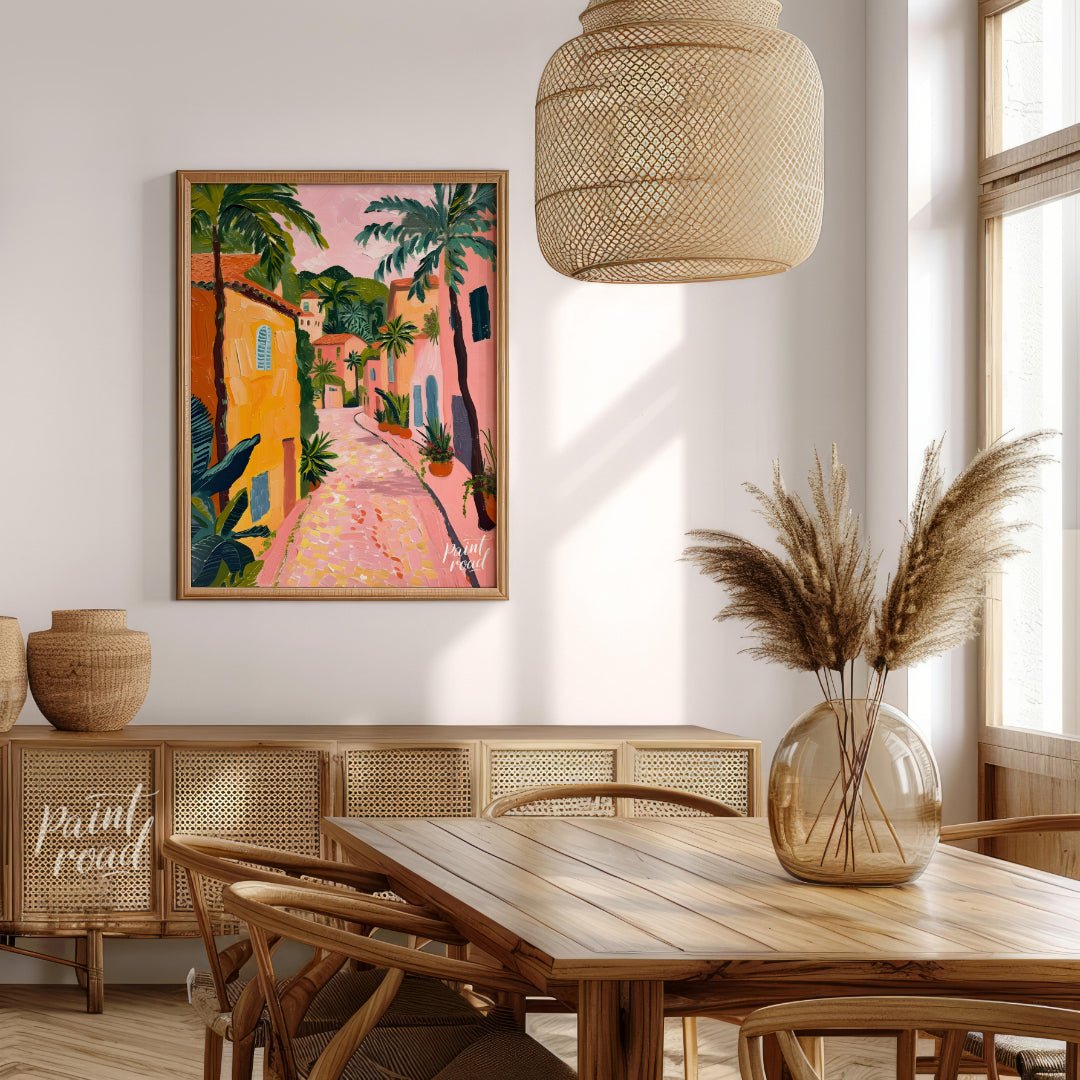 This charming artwork depicts a sun-drenched alleyway, reminiscent of a Tuscan village, but with a … for dining room