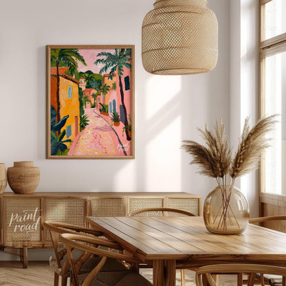 This charming artwork depicts a sun-drenched alleyway, reminiscent of a Tuscan village, but with a … for dining room