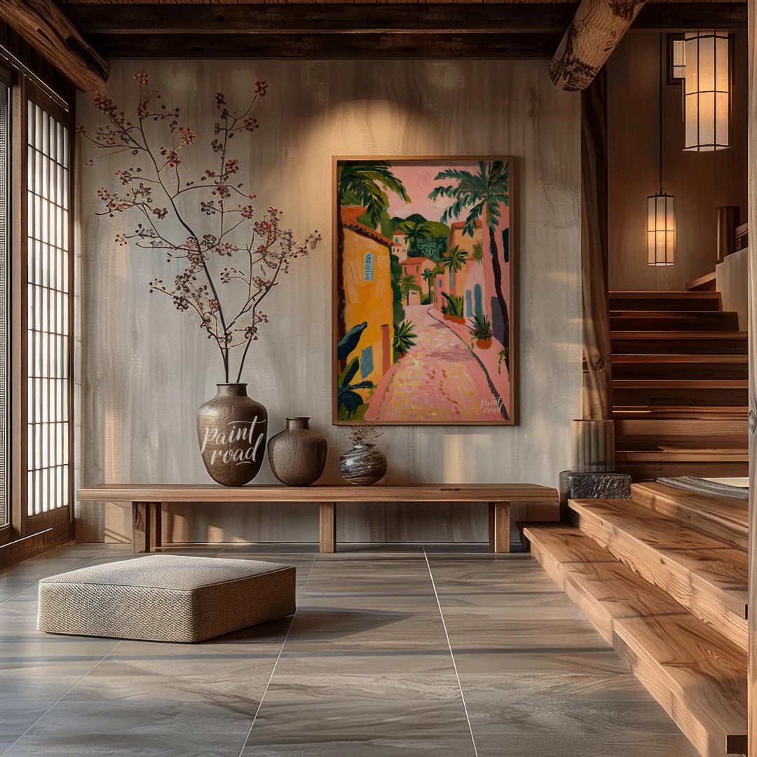 This charming artwork depicts a sun-drenched alleyway, reminiscent of a Tuscan village, but with a … for entryway