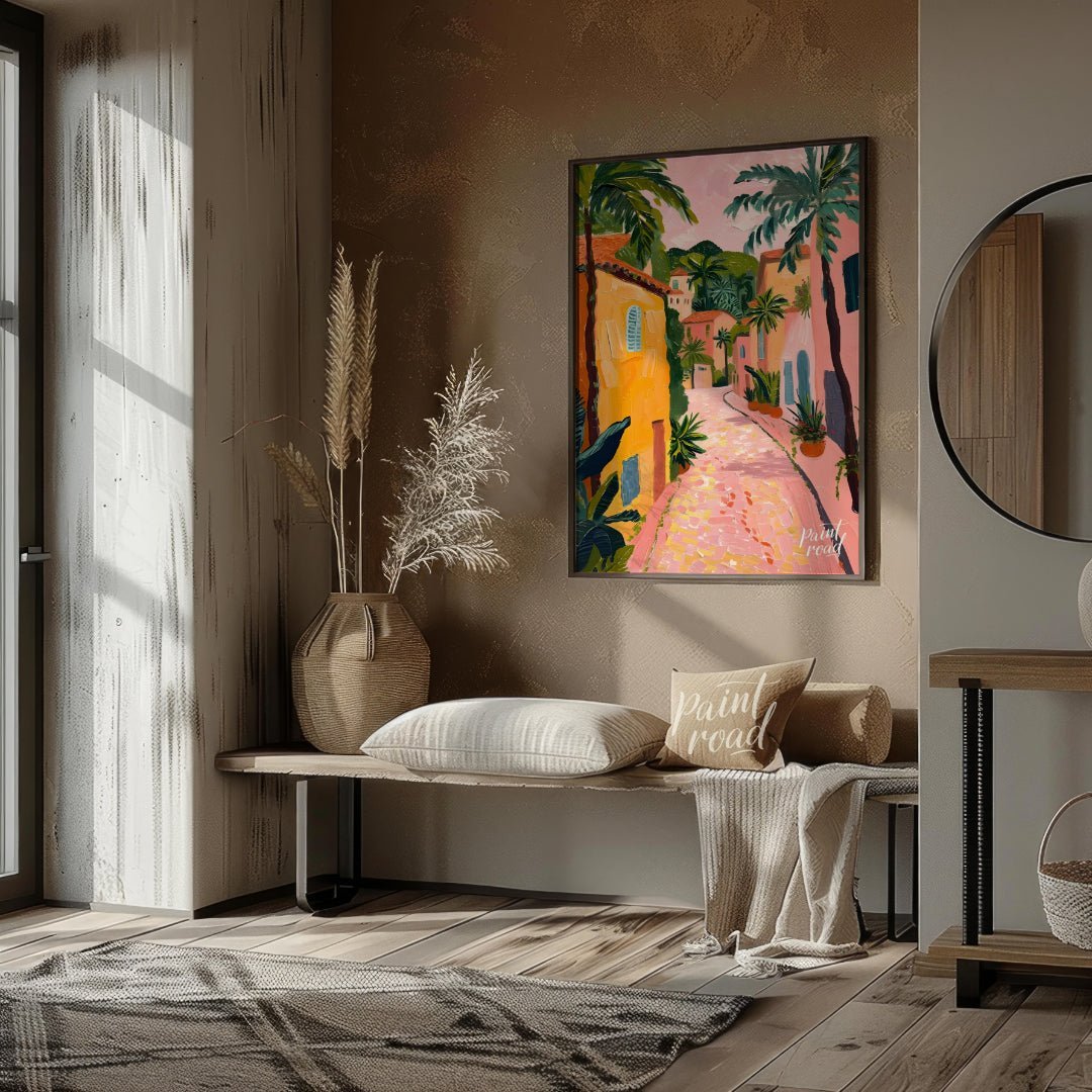 This charming artwork depicts a sun-drenched alleyway, reminiscent of a Tuscan village, but with a … for entryway