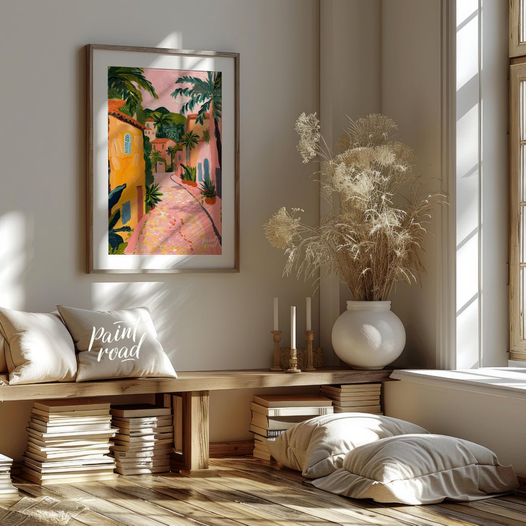 This charming artwork depicts a sun-drenched alleyway, reminiscent of a Tuscan village, but with a … for living room