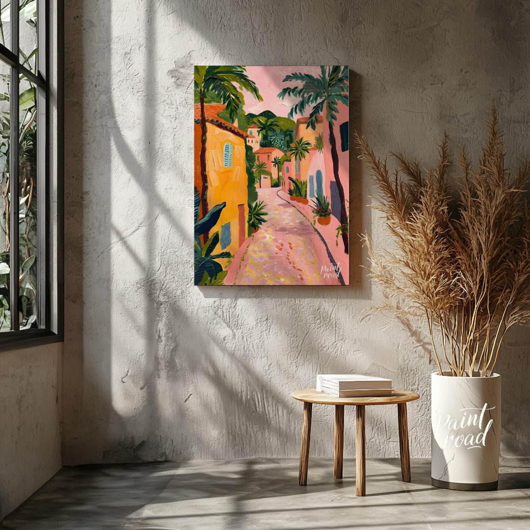 This charming artwork depicts a sun-drenched alleyway, reminiscent of a Tuscan village, but with a … for living room