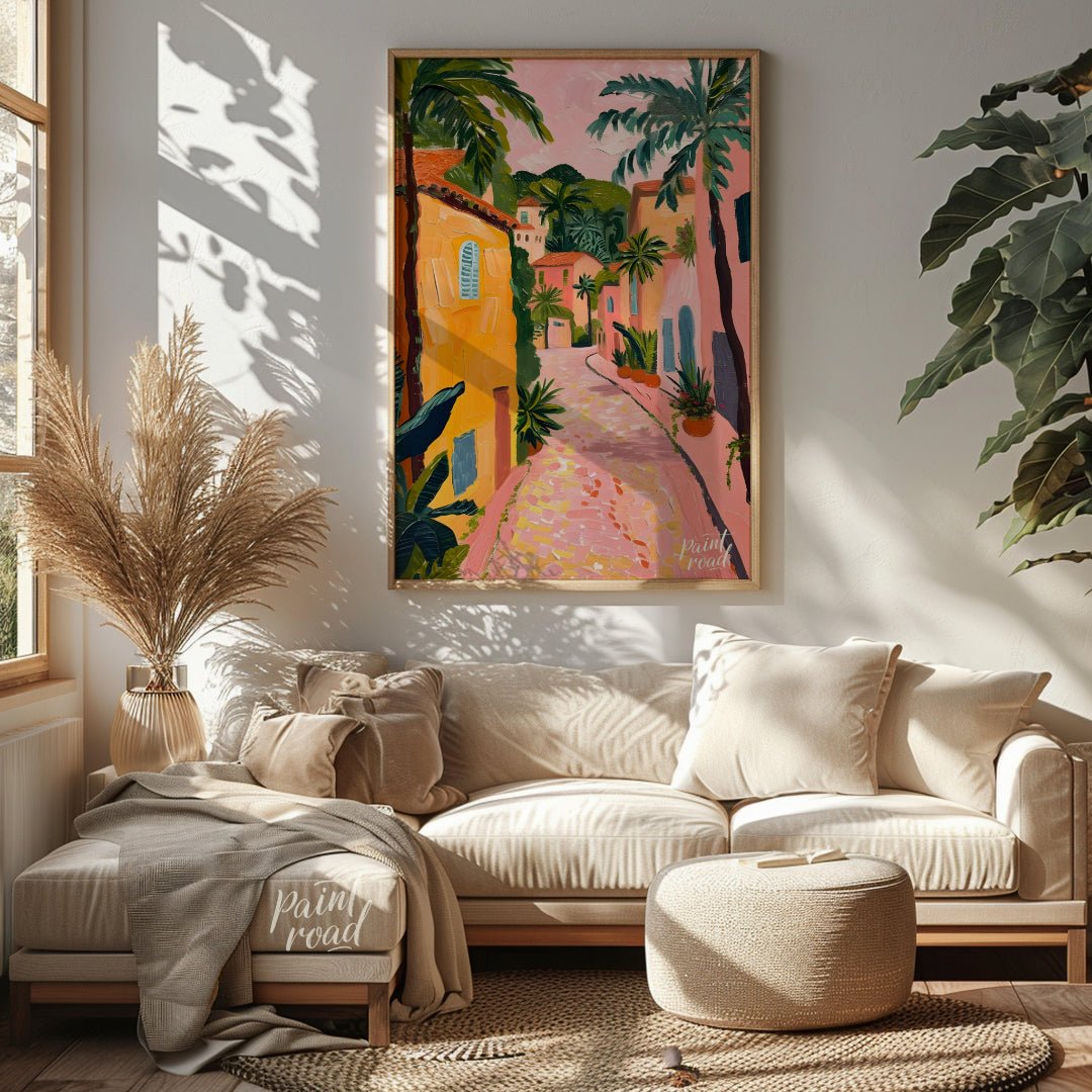 This charming artwork depicts a sun-drenched alleyway, reminiscent of a Tuscan village, but with a … for living room