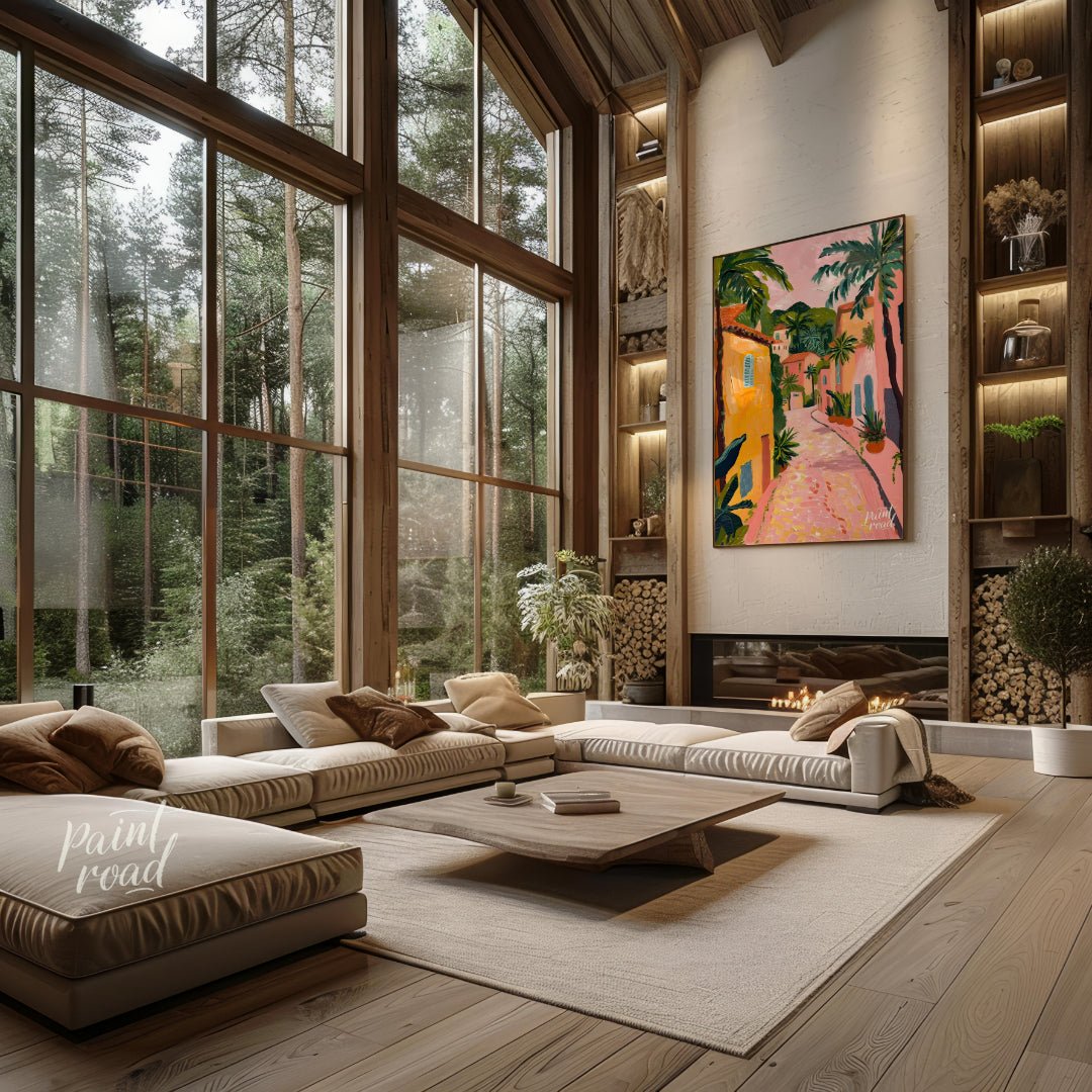 This charming artwork depicts a sun-drenched alleyway, reminiscent of a Tuscan village, but with a … for living room
