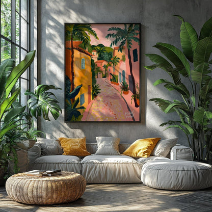 This charming artwork depicts a sun-drenched alleyway, reminiscent of a Tuscan village, but with a … for living room