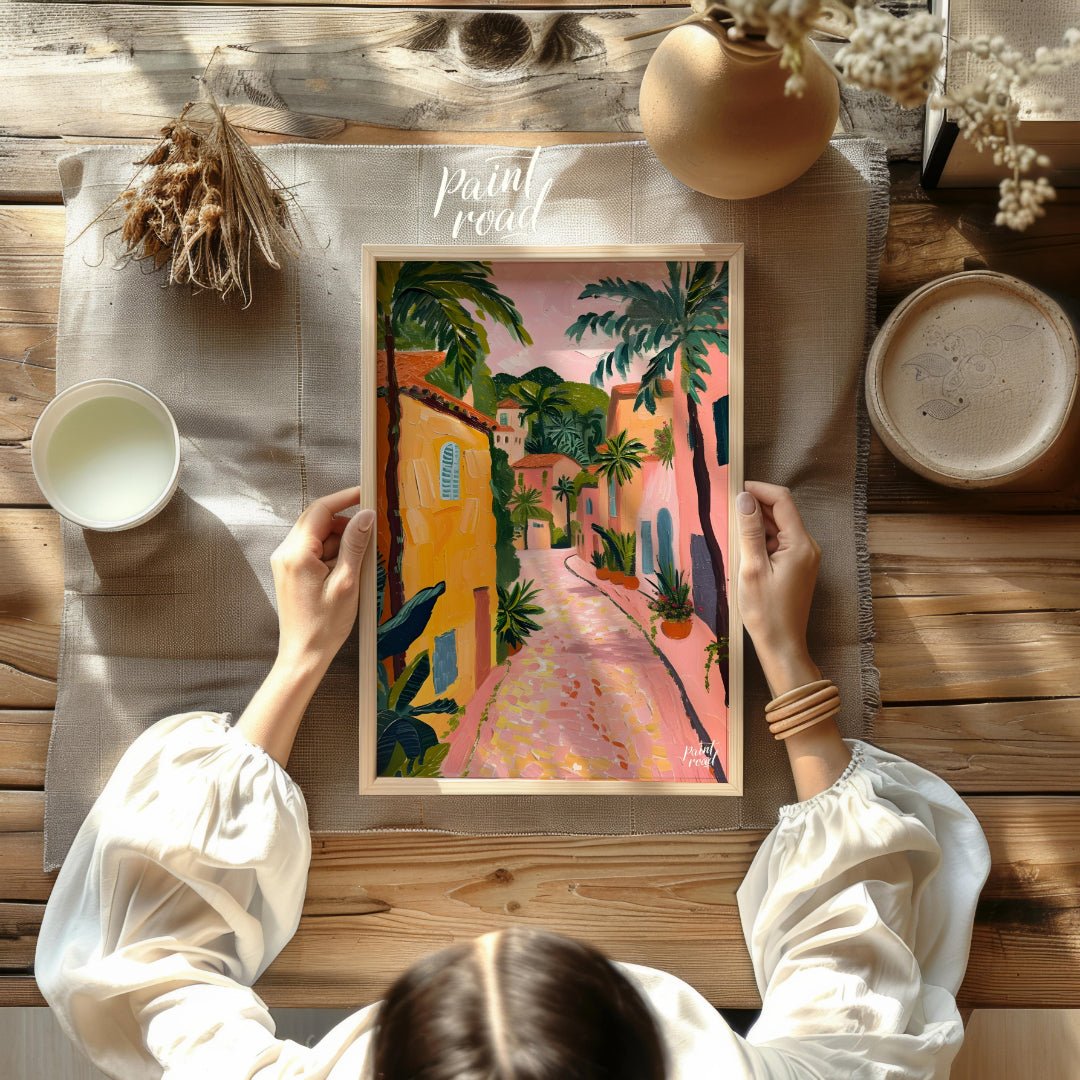 This charming artwork depicts a sun-drenched alleyway, reminiscent of a Tuscan village, but with a … for other