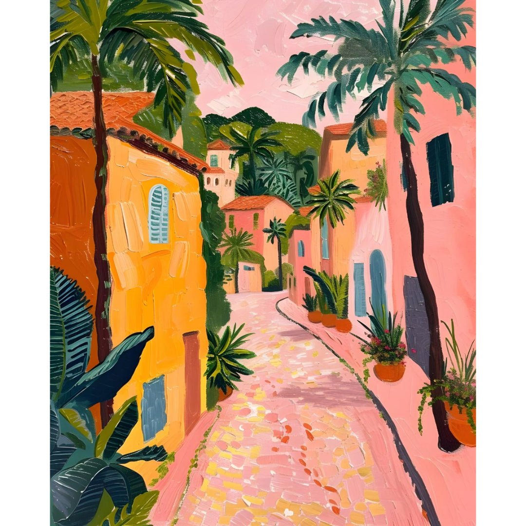 This charming artwork depicts a sun-drenched alleyway, reminiscent of a Tuscan village, but with a … for other