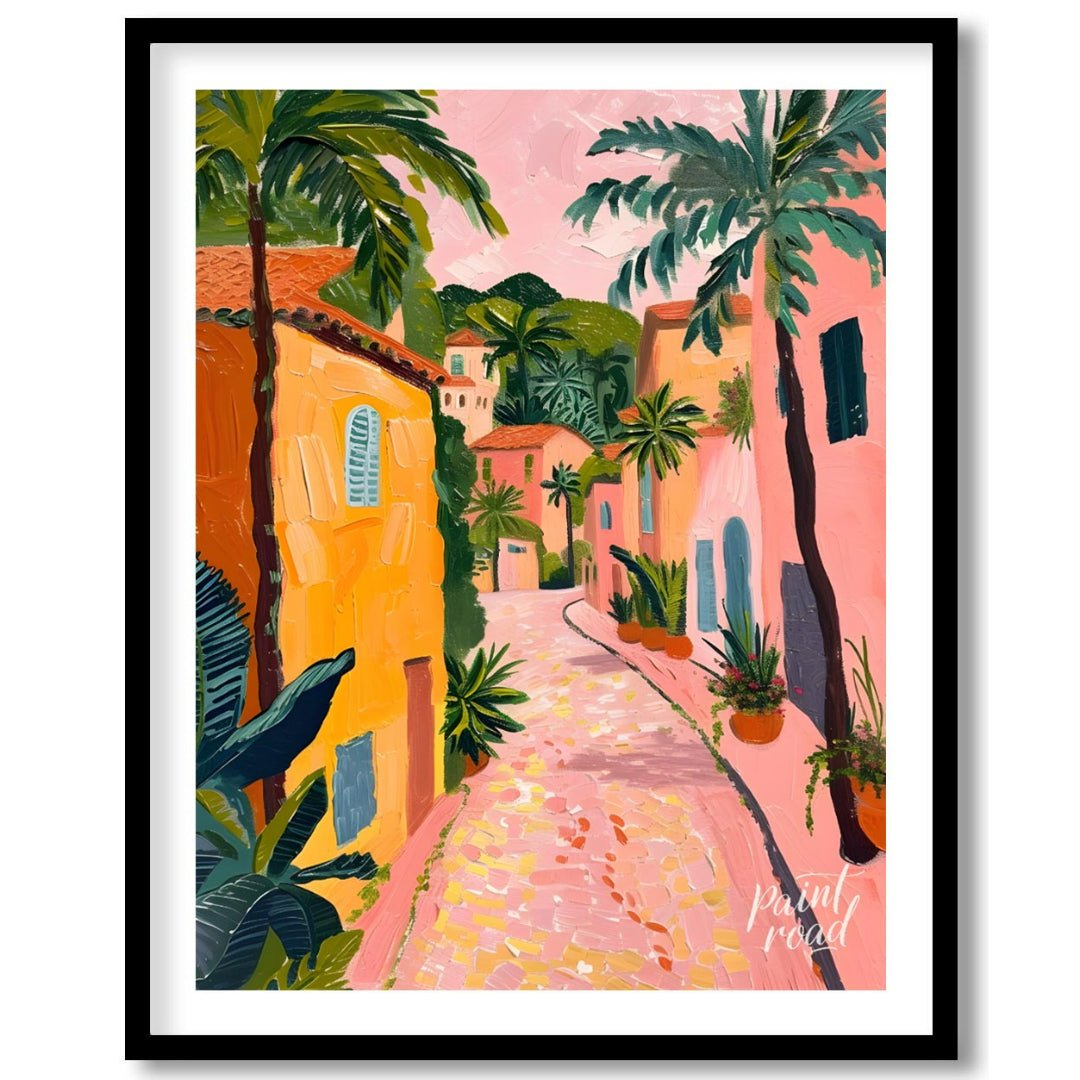 This charming artwork depicts a sun-drenched alleyway, reminiscent of a Tuscan village, but with a … for place
