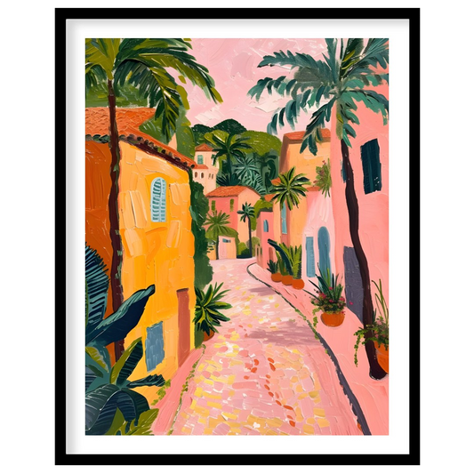 This charming artwork depicts a sun-drenched alleyway, reminiscent of a Tuscan village, but with a … for place