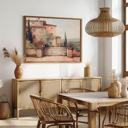 Embrace the serene beauty of Tuscany with this captivating artwork, featuring a sun-dappled villa for Dining