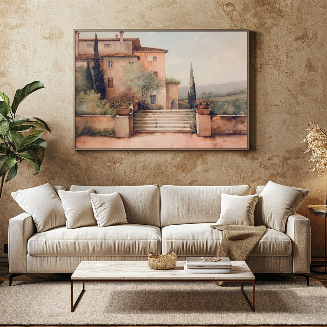 Embrace the serene beauty of Tuscany with this captivating artwork, featuring a sun-dappled villa for Family Room