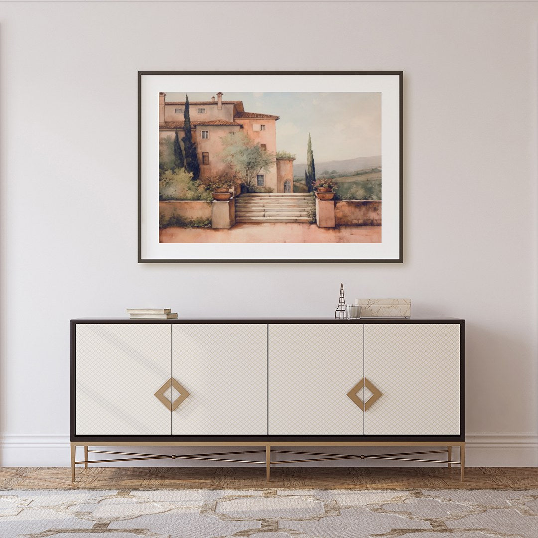 Embrace the serene beauty of Tuscany with this captivating artwork, featuring a sun-dappled villa for Foyer
