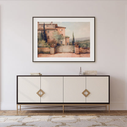 Embrace the serene beauty of Tuscany with this captivating artwork, featuring a sun-dappled villa for Foyer