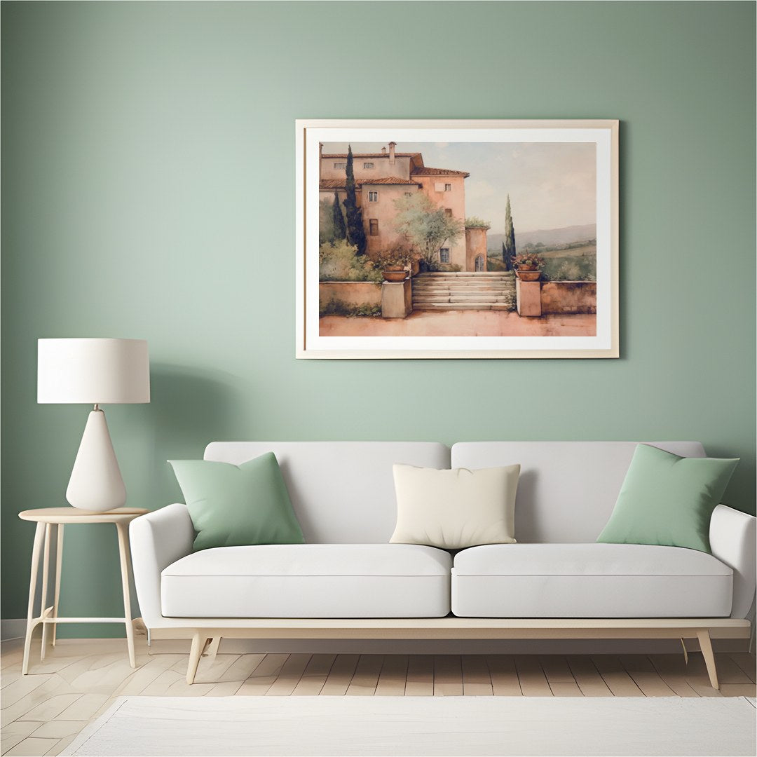 Embrace the serene beauty of Tuscany with this captivating artwork, featuring a sun-dappled villa for Hall