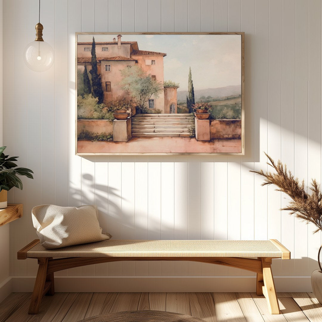 Embrace the serene beauty of Tuscany with this captivating artwork, featuring a sun-dappled villa for Hallway