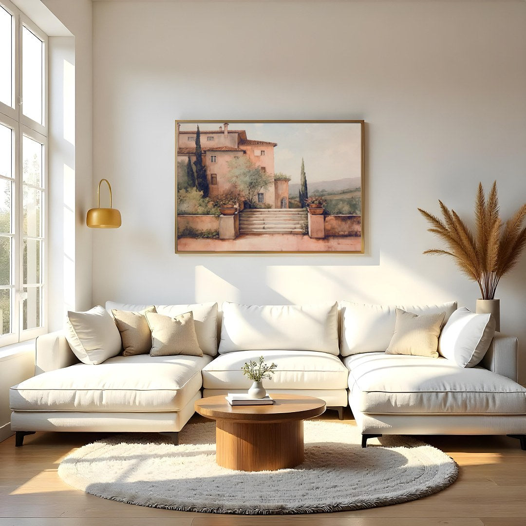 Embrace the serene beauty of Tuscany with this captivating artwork, featuring a sun-dappled villa for Living Room