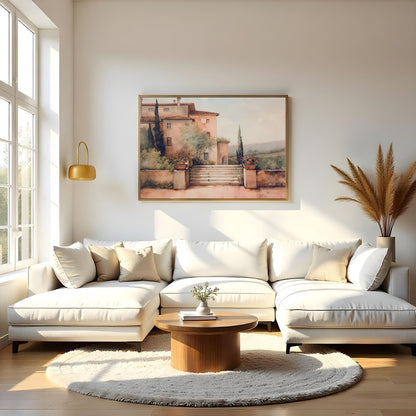 Embrace the serene beauty of Tuscany with this captivating artwork, featuring a sun-dappled villa for Living Room