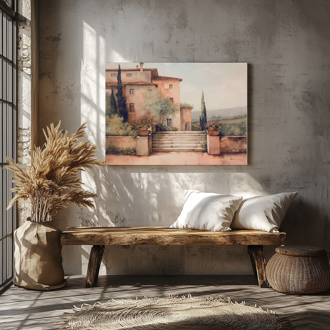 Embrace the serene beauty of Tuscany with this captivating artwork, featuring a sun-dappled villa for Veranda