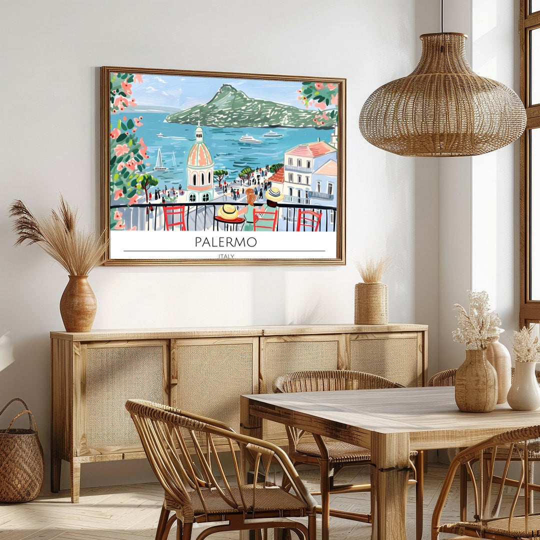 Capture the essence of a charming Tuscan coastal town with this colorful and lively wall art. for Dining