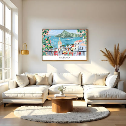 Capture the essence of a charming Tuscan coastal town with this colorful and lively wall art. for Living Room