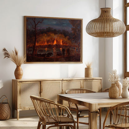 Immerse yourself in the captivating drama of this artwork, where fiery hues illuminate a tranquil for Dining