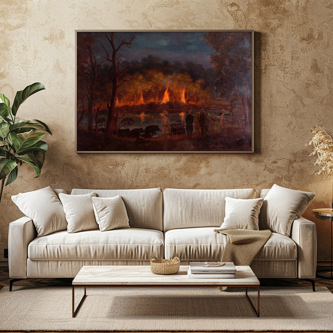 Immerse yourself in the captivating drama of this artwork, where fiery hues illuminate a tranquil for Family Room
