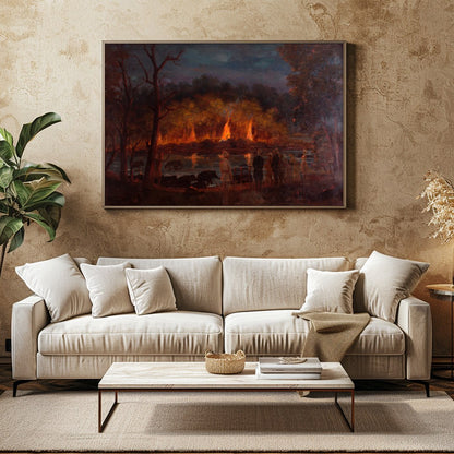 Immerse yourself in the captivating drama of this artwork, where fiery hues illuminate a tranquil for Family Room
