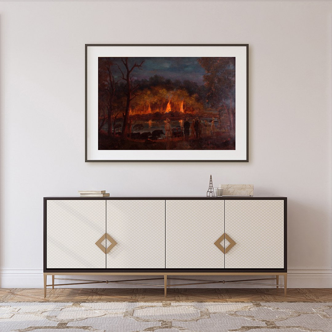 Immerse yourself in the captivating drama of this artwork, where fiery hues illuminate a tranquil for Foyer