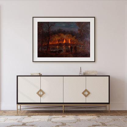 Immerse yourself in the captivating drama of this artwork, where fiery hues illuminate a tranquil for Foyer