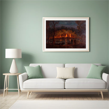 Immerse yourself in the captivating drama of this artwork, where fiery hues illuminate a tranquil for Hall