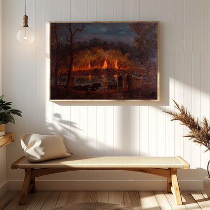 Immerse yourself in the captivating drama of this artwork, where fiery hues illuminate a tranquil for Hallway