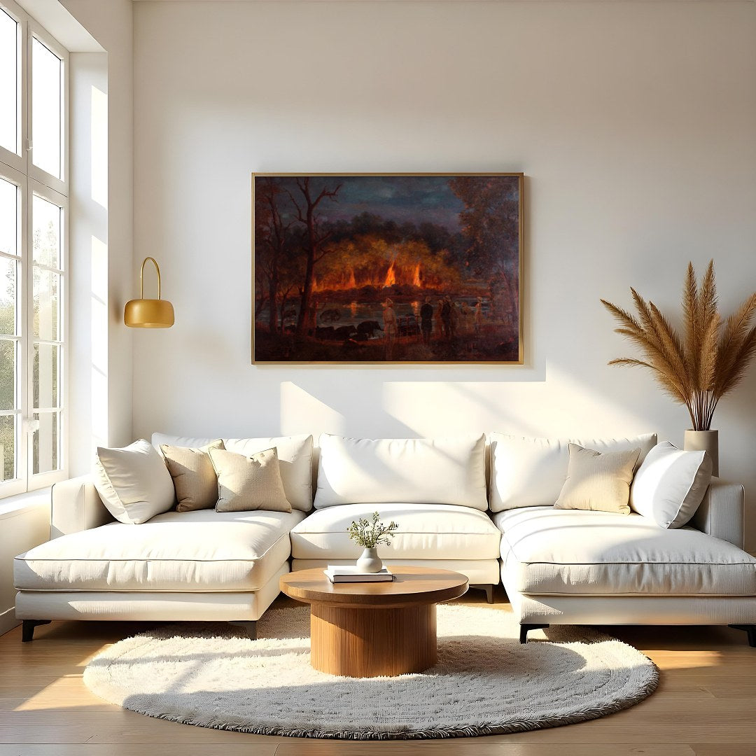 Immerse yourself in the captivating drama of this artwork, where fiery hues illuminate a tranquil for Living Room