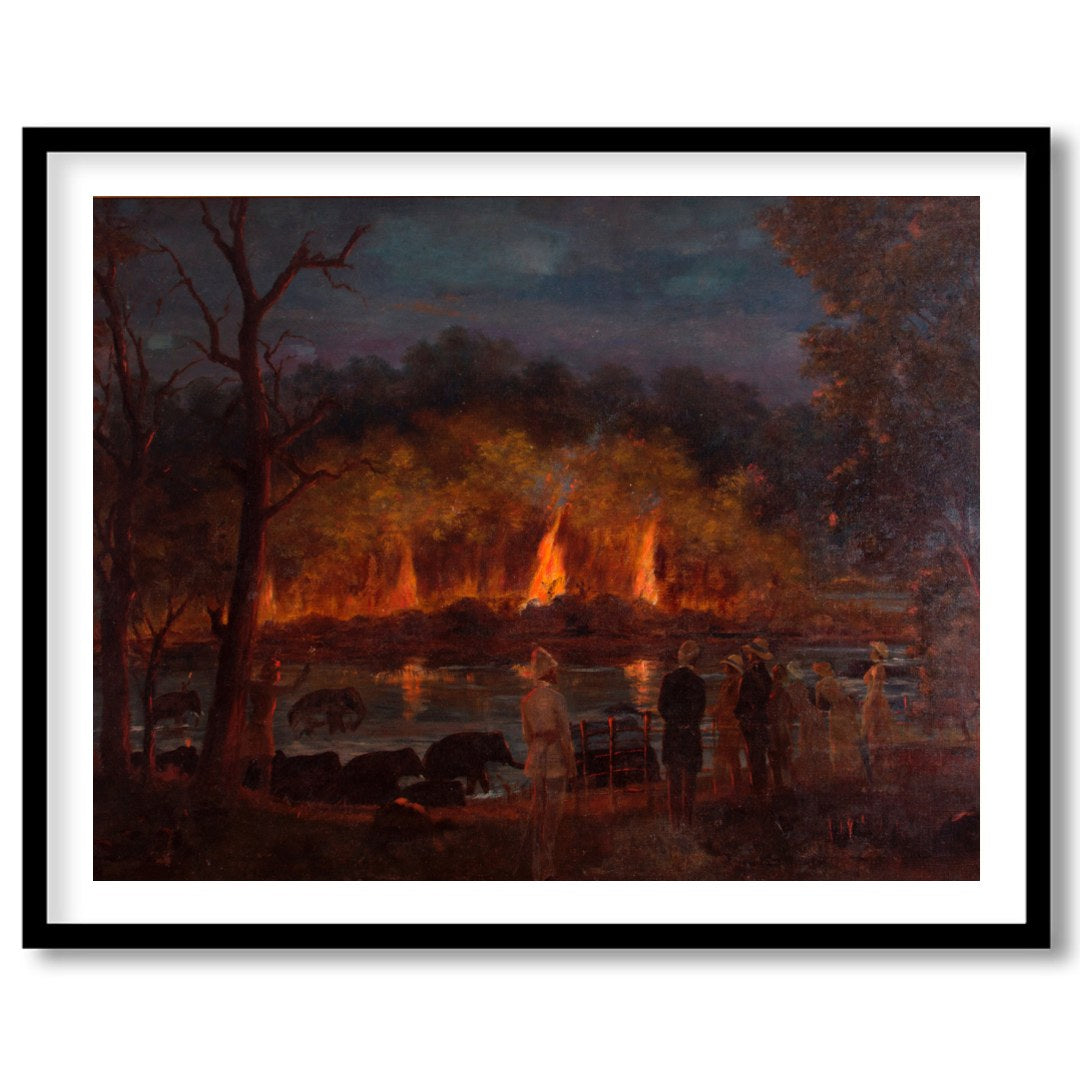 Immerse yourself in the captivating drama of this artwork, where fiery hues illuminate a tranquil for sanctuary