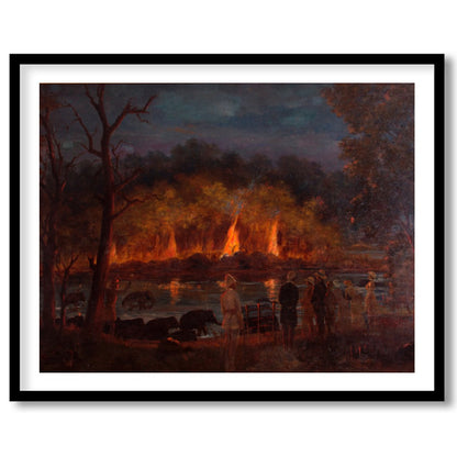 Immerse yourself in the captivating drama of this artwork, where fiery hues illuminate a tranquil for sanctuary