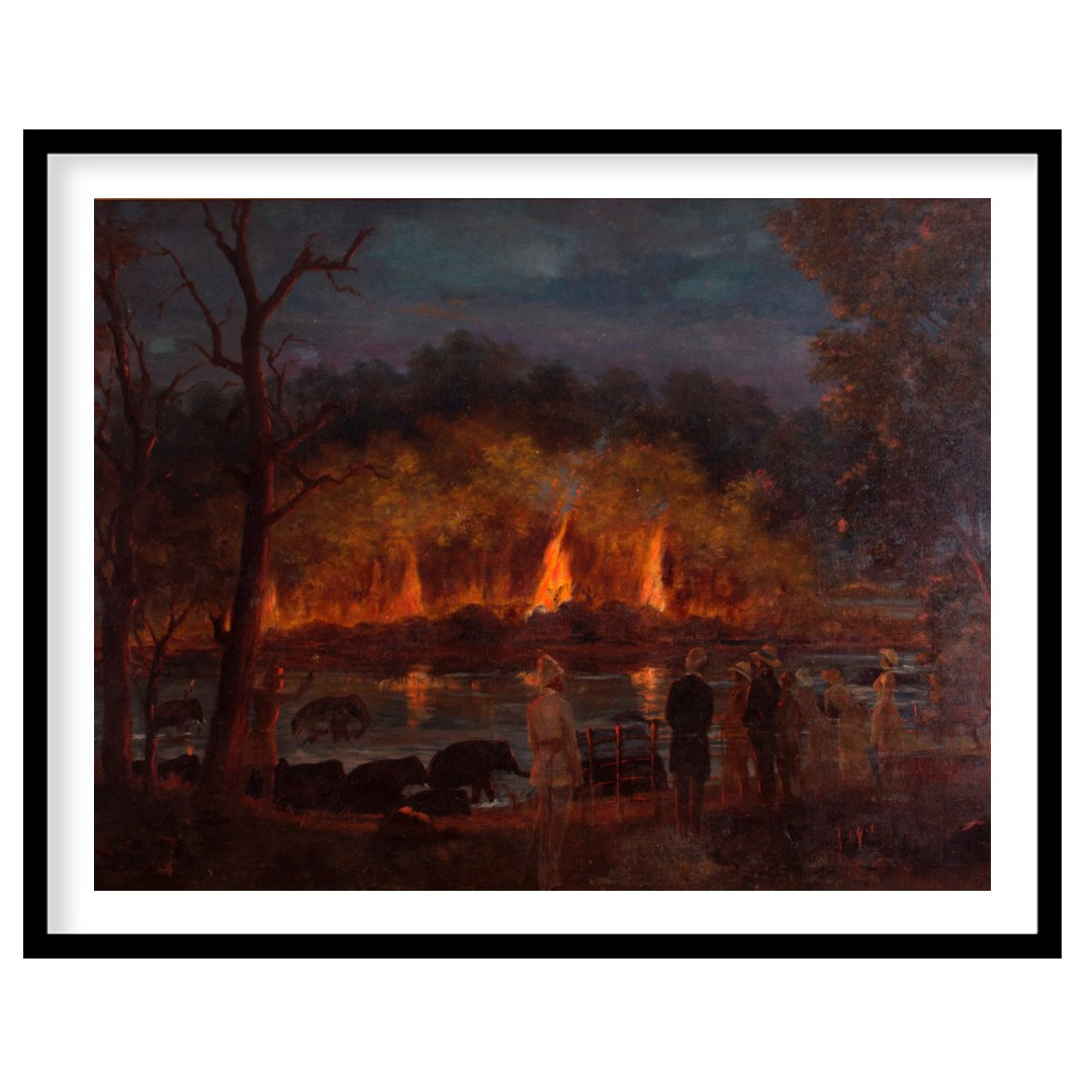 Immerse yourself in the captivating drama of this artwork, where fiery hues illuminate a tranquil for sanctuary